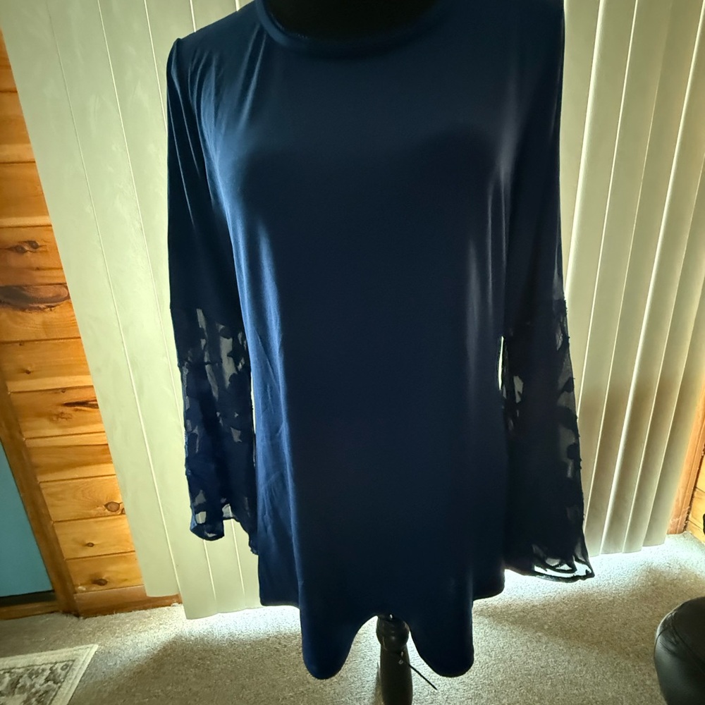 Susan Graver Navy Blue Top with Sheer Accents